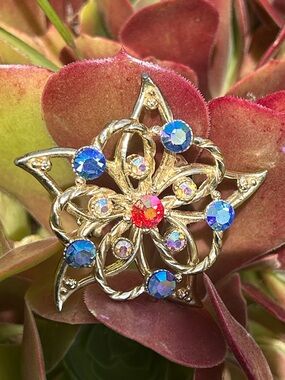 1950s Gold-Tone Multi-Color Crystal Floral Brooch